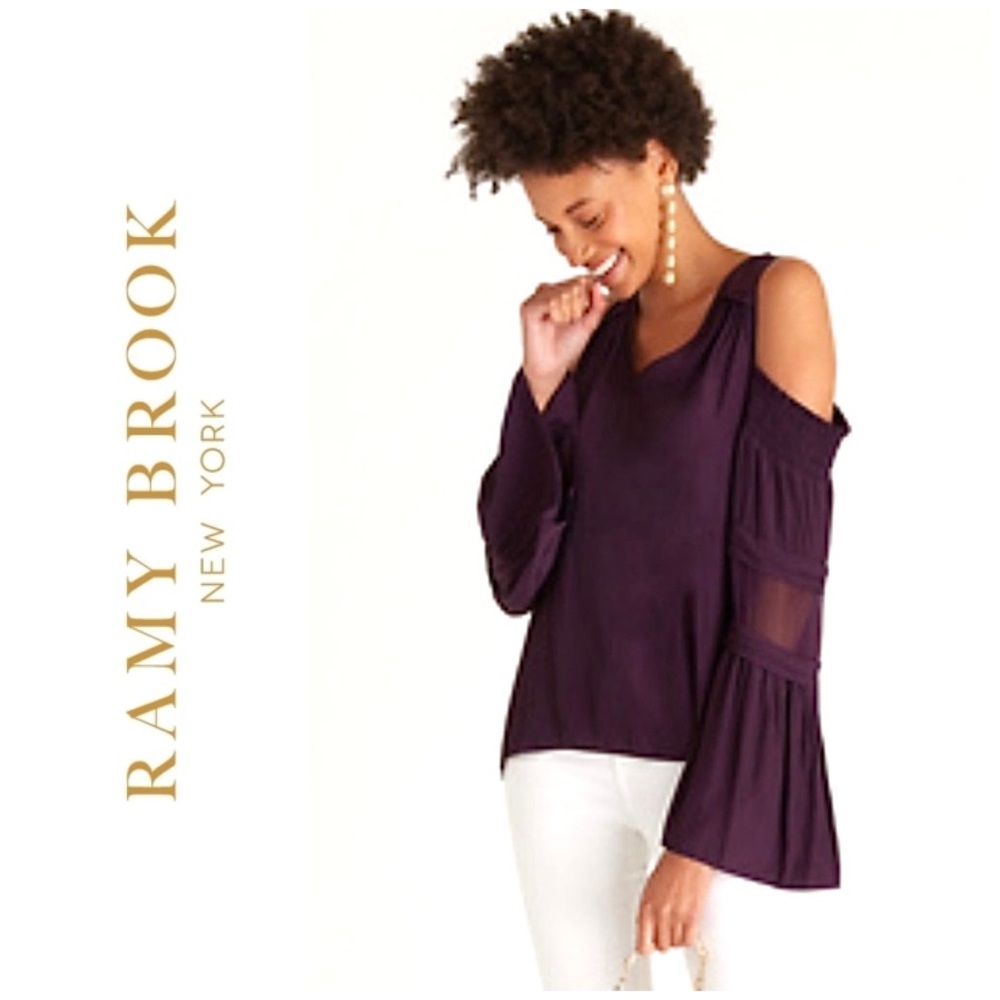 Ramy Brook Wine/ Merlot Cold Shoulder Silk Blend Blouse - Picture 2 of 12